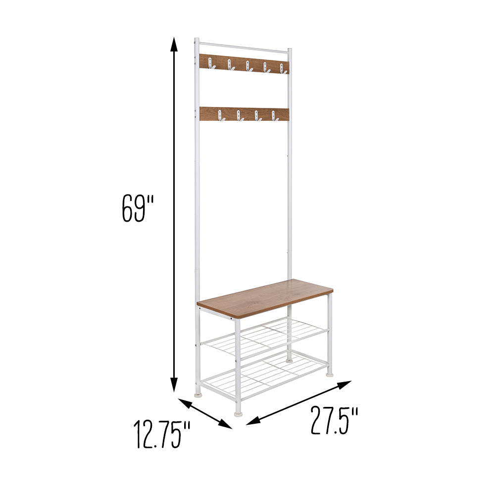 White/Walnut Entryway Hall Tree with Bench and Shoe Storage