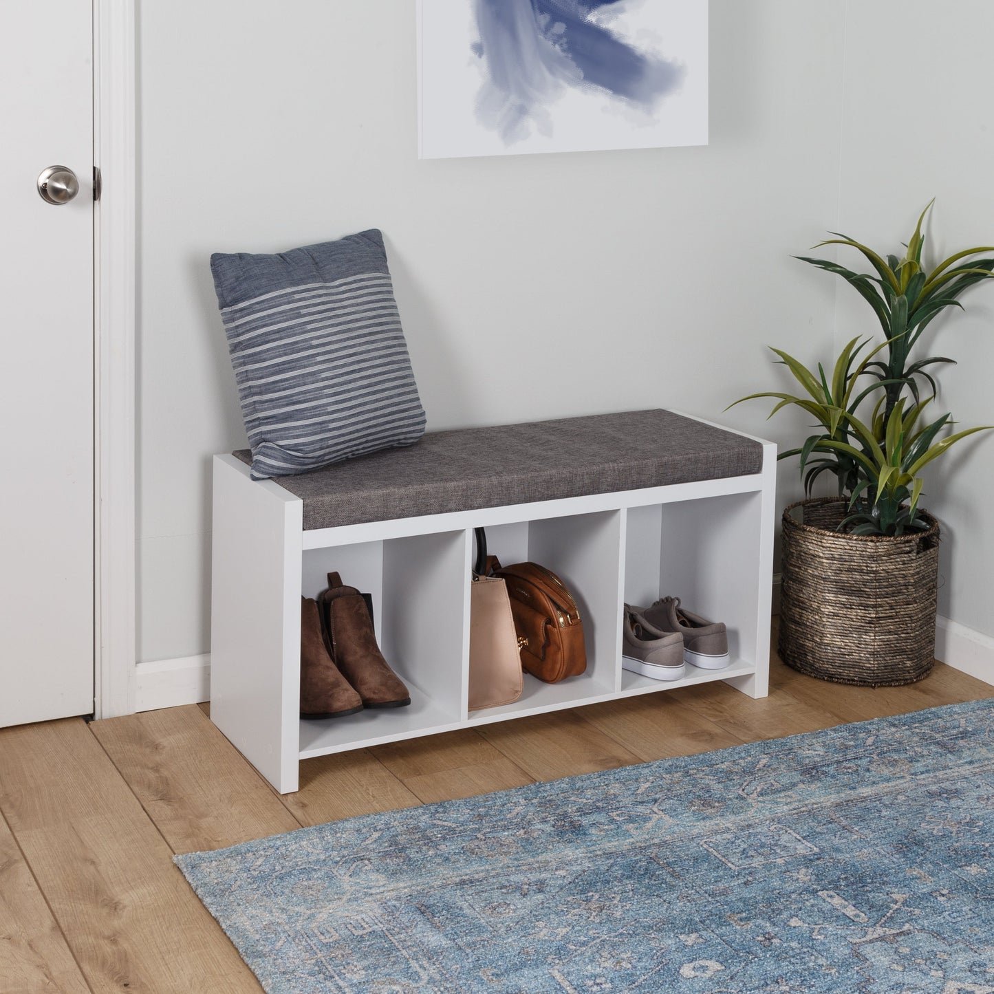 White/Gray 3-Cubby Organizer Bench with Shoe Storage