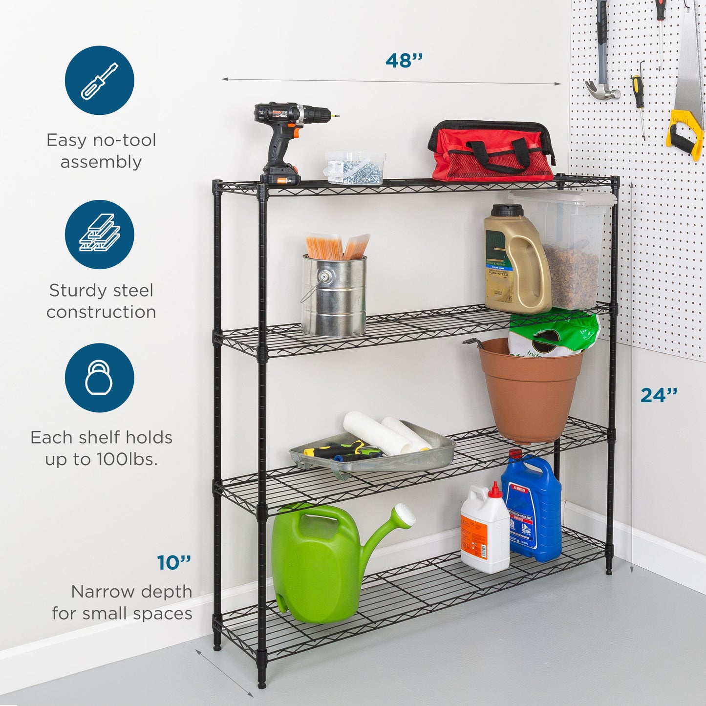 Black 4-Tier Slim Profile Wide Shelving Unit