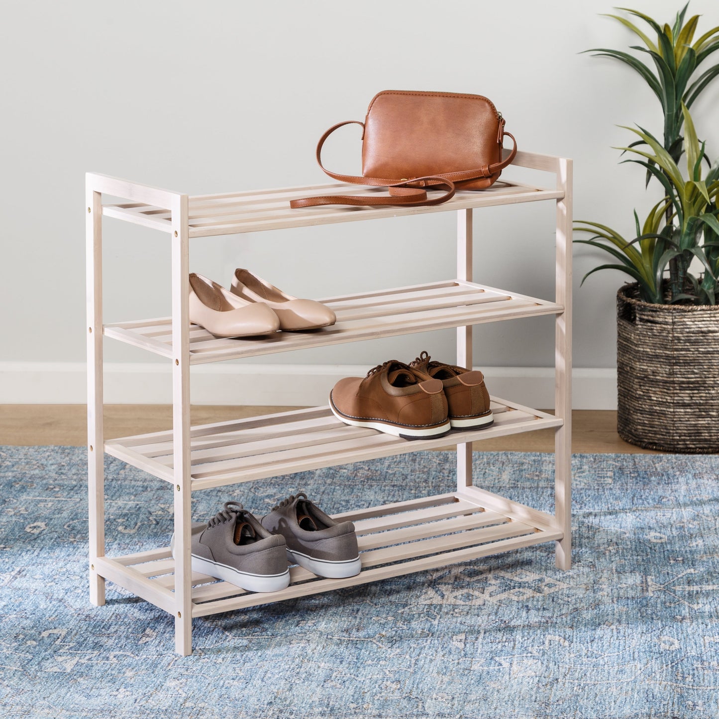White Wash 4-Tier Bamboo Shoe Rack