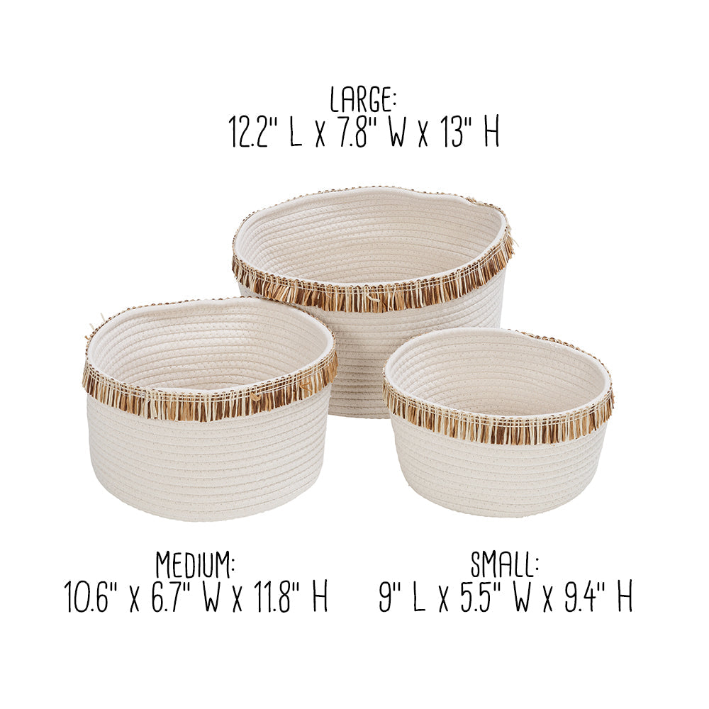 White/Natural Cotton Rope Nesting Baskets with Fringe (Set of 3)