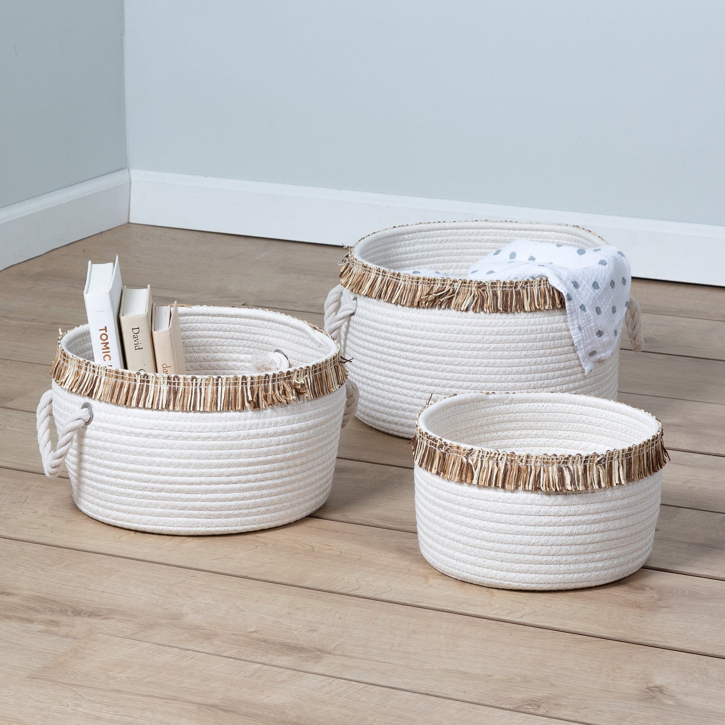 White/Natural Cotton Rope Nesting Baskets with Fringe (Set of 3)
