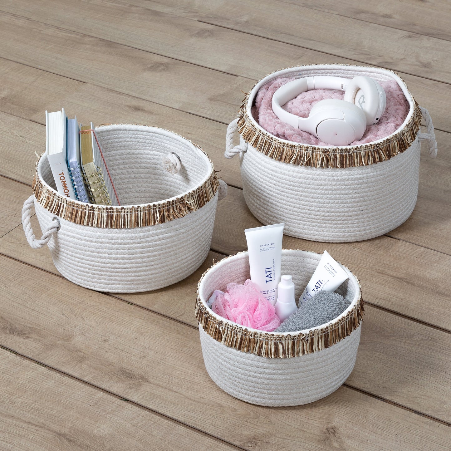 White/Natural Cotton Rope Nesting Baskets with Fringe (Set of 3)