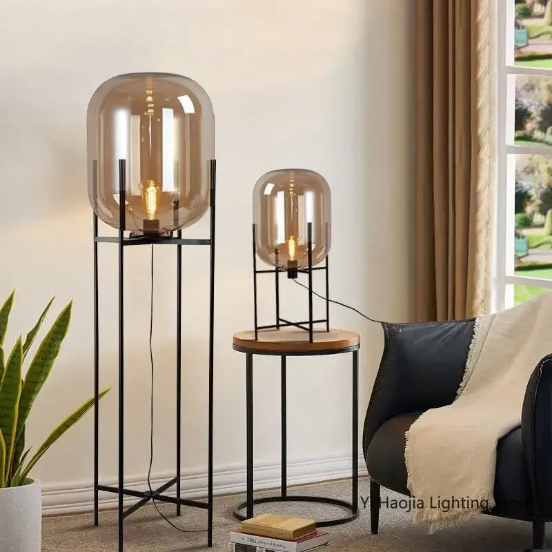 Nordic Industrial Floor Lamp Smoke Gray Glass Four-legged Standing Lamp Personality Corner Light Living Room Bedroom Table Lamps