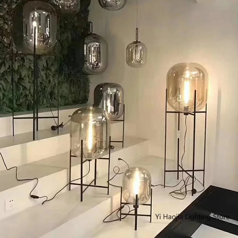 Nordic Industrial Floor Lamp Smoke Gray Glass Four-legged Standing Lamp Personality Corner Light Living Room Bedroom Table Lamps