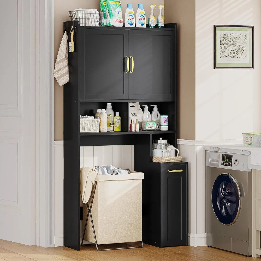 Over The Toilet Storage Cabinet with Pulley, Space Saver W/Adjustable Shelf & Open Shelf for Bathroom, Restroom&Laundry