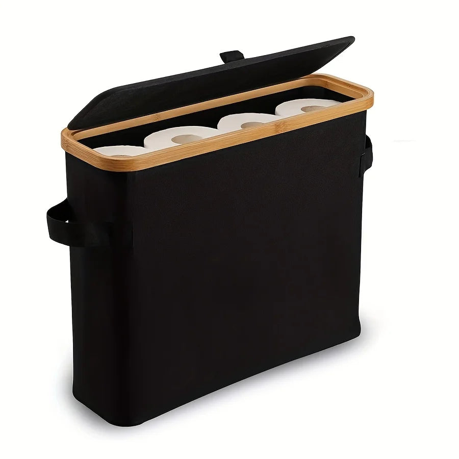 Bamboo toilet paper holder with lid - Self-contained bathroom organizer with handle, enclosed tissue storage box
