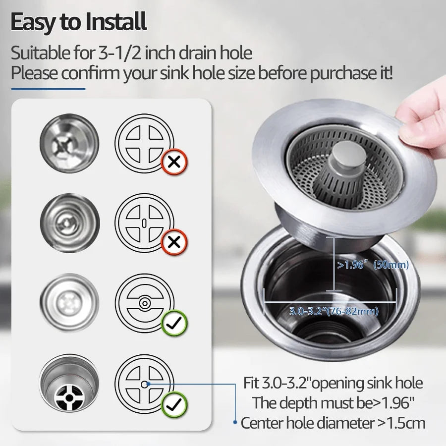 1Pc 3-in-1 Kitchen Sink Drain Strainer and Plug Set, Gamble Proof Sink Food Collector for US Standards