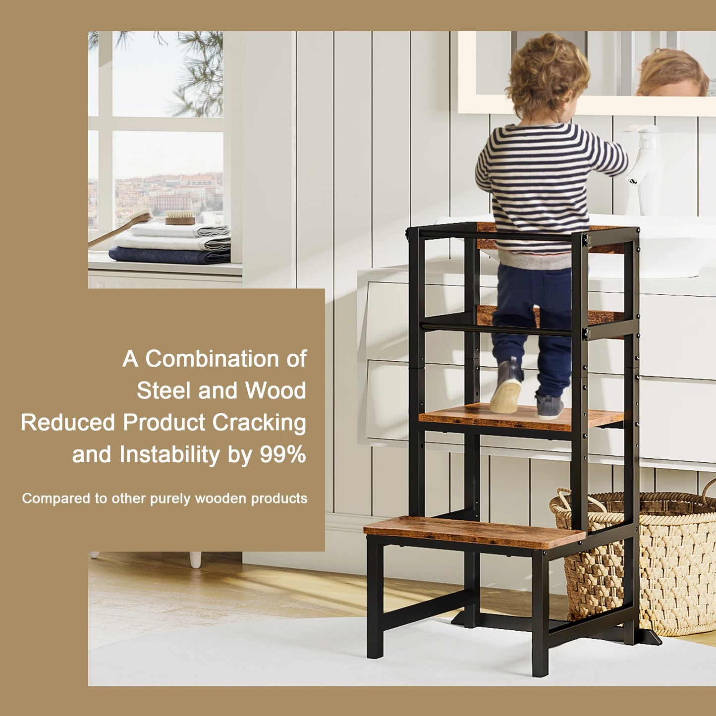 Toddler Kitchen Step Stool, Adjustable Height Learning Tower with Safety Rail, Steel & Wood Kitchen Stool for Kids, Toddler Help