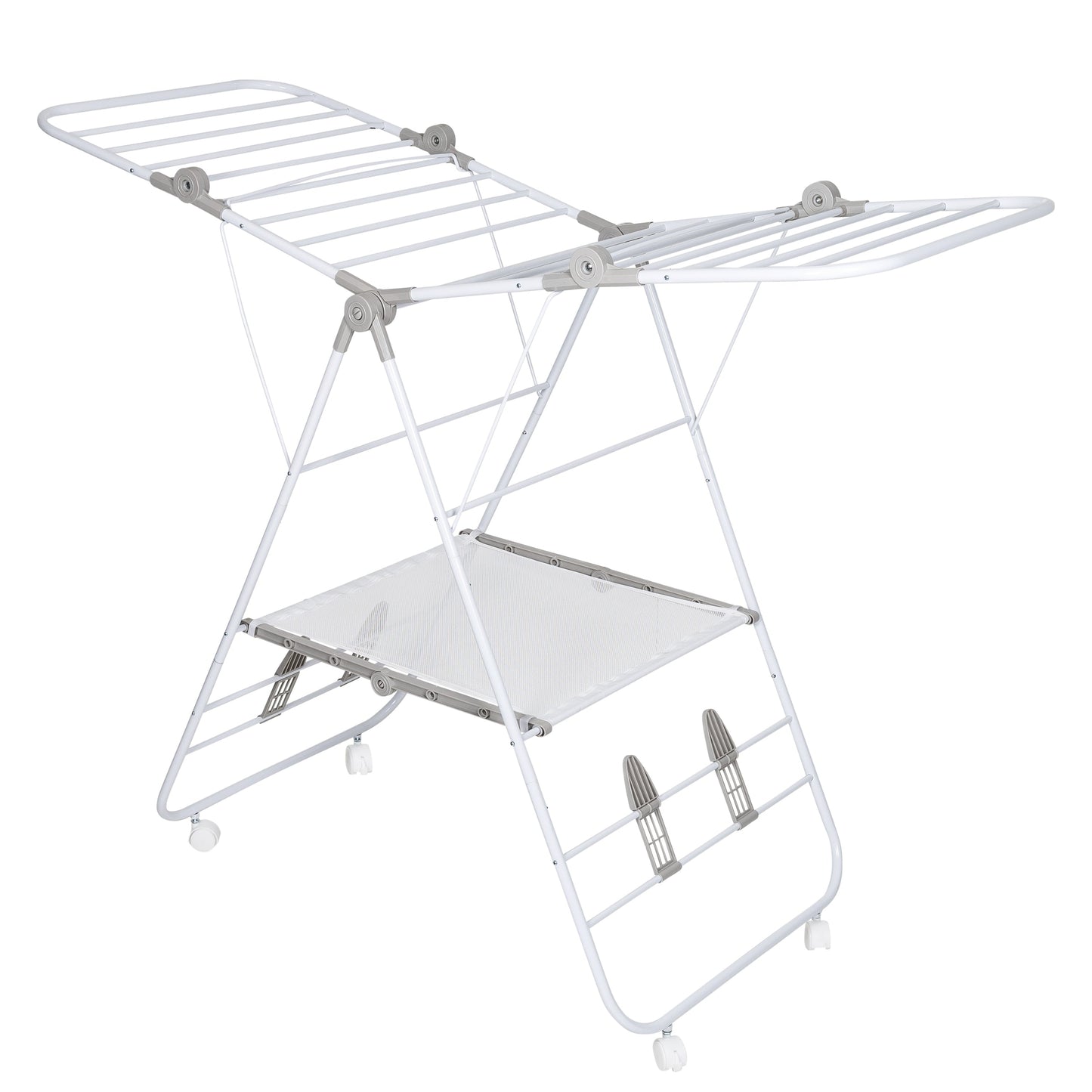 White Folding Gullwing Clothes Drying Rack with Wheels