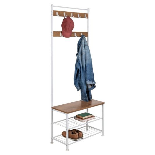 White/Walnut Entryway Hall Tree with Bench and Shoe Storage