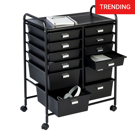 Black 12-Drawer Rolling Storage and Craft Cart Organizer