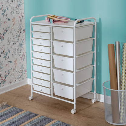 15-Drawer Metal Rolling Storage Cart, White