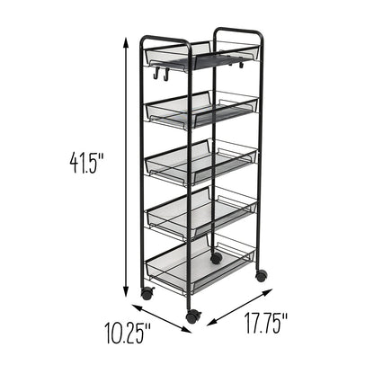 Black 5-Tier Storage Cart with 4 Hooks