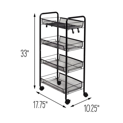 Black 4-Tier Metal Storage Cart with 5 Hooks