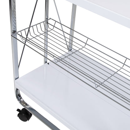 White/Chrome Folding Kitchen Cart with Metal Basket