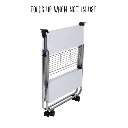 White/Chrome Folding Kitchen Cart with Metal Basket