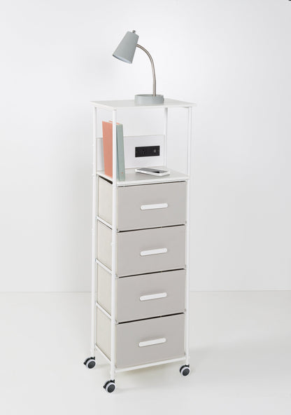 White/Gray Dorm 4-Drawer Bedside Charging Storage Cart