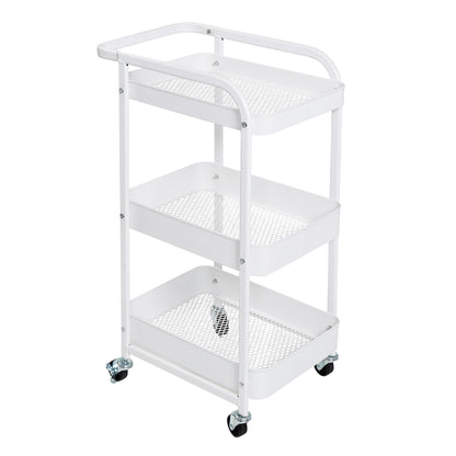 White Steel 3-Tier Craft or Makeup Organizer Cart with Side Storage