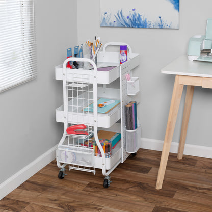 White Steel Rolling 2-in-1 Craft Storage Cart