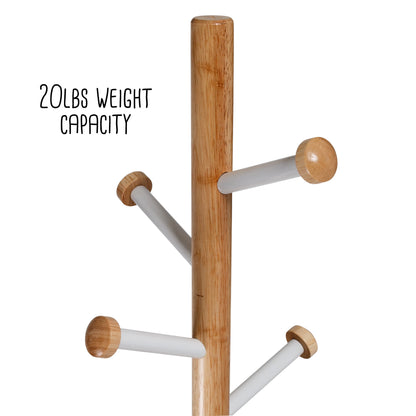 White/Natural Freestanding Modern Coat Rack with 6 Hooks