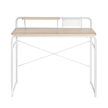 White/Natural Home Office Desk with Shelf and Basket