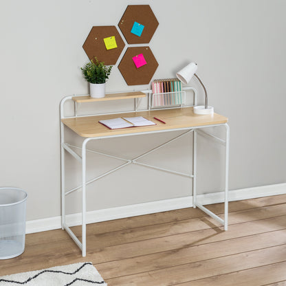 White/Natural Home Office Desk with Shelf and Basket