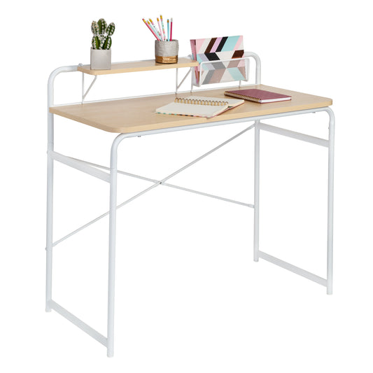 White/Natural Home Office Desk with Shelf and Basket