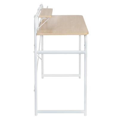 White/Natural Home Office Desk with Shelf and Basket