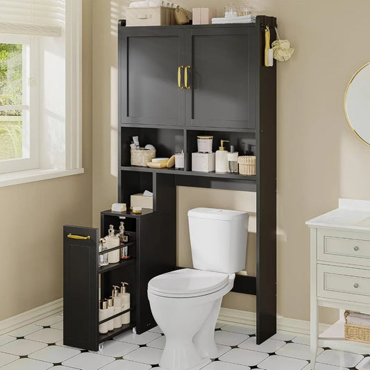 Over The Toilet Storage Cabinet with Pulley, Space Saver W/Adjustable Shelf & Open Shelf  for Bathroom, Restroom&Laundry