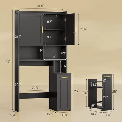 Over The Toilet Storage Cabinet with Pulley, Space Saver W/Adjustable Shelf & Open Shelf  for Bathroom, Restroom&Laundry