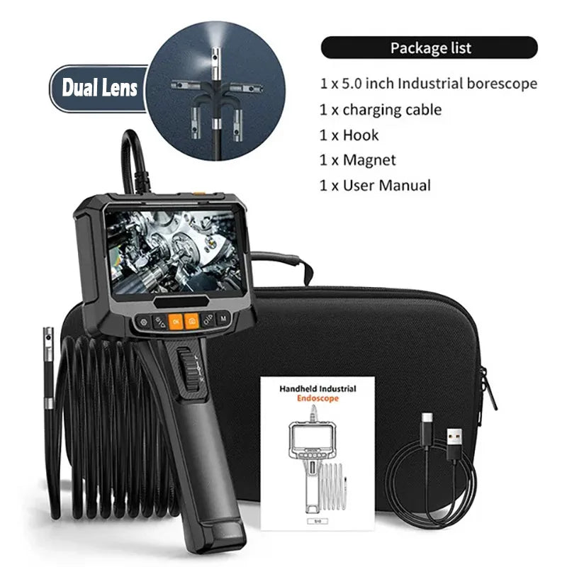 360° Two Ways 1080p Industrial Rotary Endoscope With 2 Pipe Drain Inspection Cameras 360 Articulation For Cars Dual Lens 3.9mm