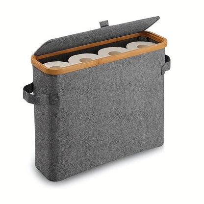 Bamboo toilet paper holder with lid - Self-contained bathroom organizer with handle, enclosed tissue storage box