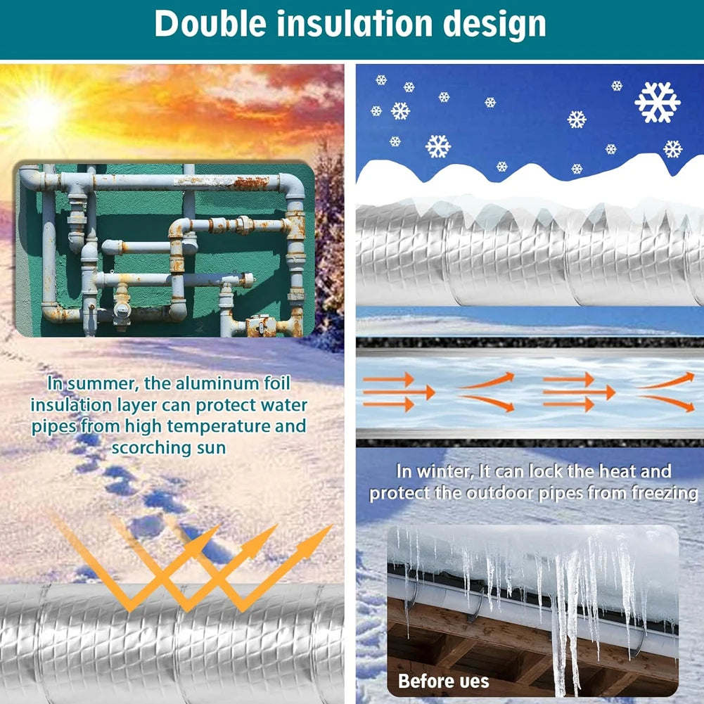 33FT Pipe Insulation Wrap Aluminum Foil Finish Freeze Protection Insulation Wrap Waterproof for Outdoor Cold Hot Water Pipe