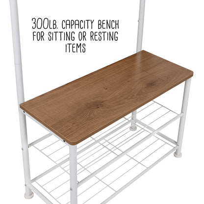 White/Walnut Entryway Hall Tree with Bench and Shoe Storage