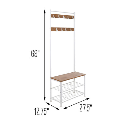 White/Walnut Entryway Hall Tree with Bench and Shoe Storage