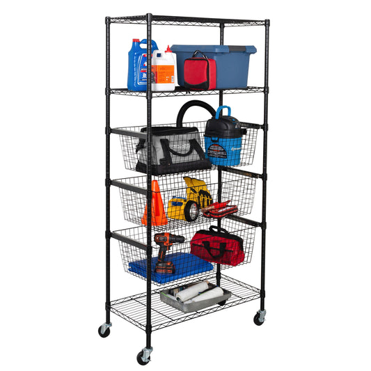 Black Rolling Adjustable Garage Shelving Unit with 3 Pull-Out Baskets