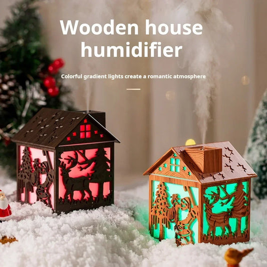 Christmas Gift Desktop Decorative Item New Model Colorful Night Light Atmosphere Wood House Humidifier for Home Use