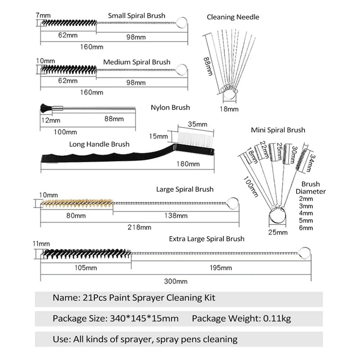 AT13 21Pcs Multi-Purpose Paint Sprayer Cleaning Kit Nylon Brushes Mini Brushes & Needles Metal Tube Cleaning Brush