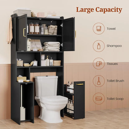 Over The Toilet Storage Cabinet with Pulley, Space Saver W/Adjustable Shelf & Open Shelf  for Bathroom, Restroom&Laundry