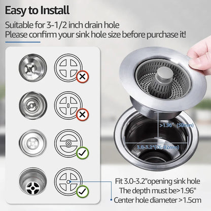 1Pc 3-in-1 Kitchen Sink Drain Strainer and Plug Set, Gamble Proof Sink Food Collector for US Standards