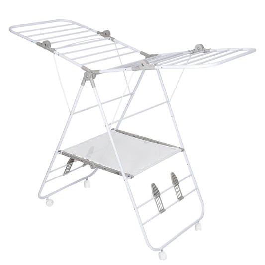 White Folding Gullwing Clothes Drying Rack with Wheels